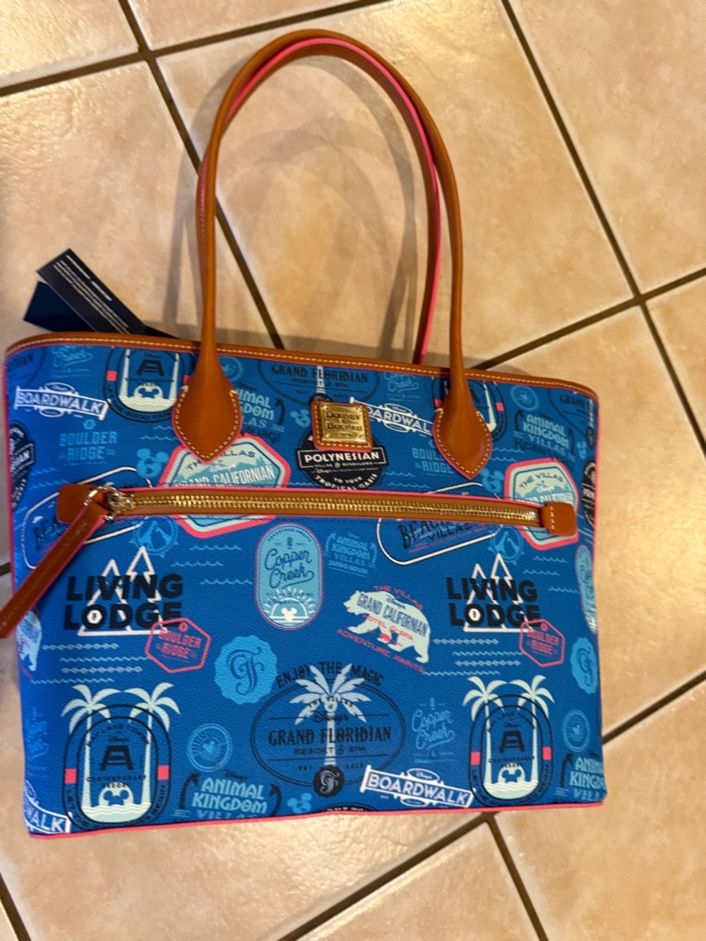 Disney Dooney & Bourke Blue Polynesian & Resort Patch Tote with Tan Trim